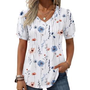 Zeagoo Women’s Puff Short Sleeve Boho Shirts Casual V Neck Floral Solid Summer Blouse Pleated Tunic Top(Dh6)