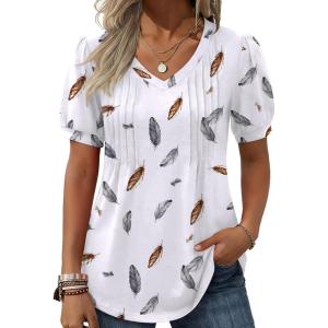 Zeagoo Women’s Puff Short Sleeve Boho Shirts Casual V Neck Floral Solid Summer Blouse Pleated Tunic Top(Dw170)