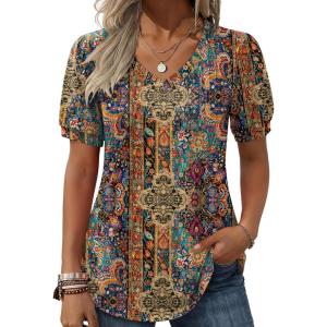 Zeagoo Women’s Puff Short Sleeve Boho Shirts Casual V Neck Floral Solid Summer Blouse Pleated Tunic Top(Multi Floral Mz721)