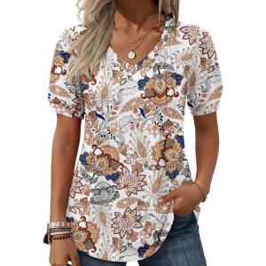 Zeagoo Women’s Puff Short Sleeve Boho Shirts Casual V Neck Floral Solid Summer Blouse Pleated Tunic Top(Mz453)