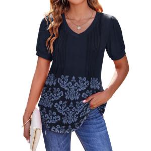 Zeagoo Women’s Puff Short Sleeve Boho Shirts Casual V Neck Floral Solid Summer Blouse Pleated Tunic Top(Mz791)