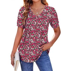 Zeagoo Women’s Puff Short Sleeve Boho Shirts Casual V Neck Floral Solid Summer Blouse Pleated Tunic Top(Pa114)