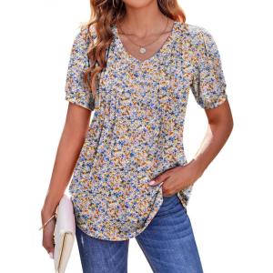 Zeagoo Women’s Puff Short Sleeve Boho Shirts Casual V Neck Floral Solid Summer Blouse Pleated Tunic Top(Pa115)