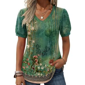 Zeagoo Women’s Puff Short Sleeve Boho Shirts Casual V Neck Floral Solid Summer Blouse Pleated Tunic Top(Pa171)