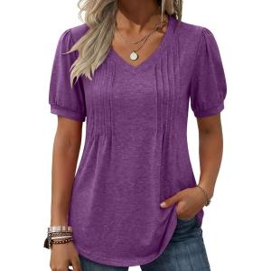 Zeagoo Women’s Puff Short Sleeve Boho Shirts Casual V Neck Floral Solid Summer Blouse Pleated Tunic Top(Purple)