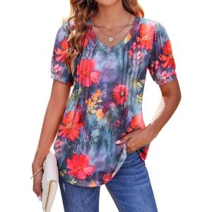 Zeagoo Women’s Puff Short Sleeve Boho Shirts Casual V Neck Floral Solid Summer Blouse Pleated Tunic Top(Wf19)