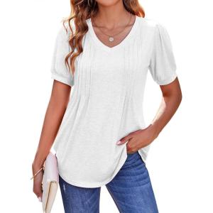Zeagoo Women’s Puff Short Sleeve Boho Shirts Casual V Neck Floral Solid Summer Blouse Pleated Tunic Top(White)