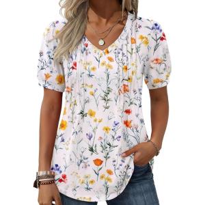 Zeagoo Women’s Puff Short Sleeve Boho Shirts Casual V Neck Floral Solid Summer Blouse Pleated Tunic Top(Xh403)