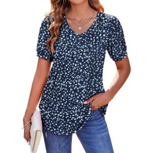 Zeagoo Women’s Puff Short Sleeve Boho Shirts Casual V Neck Floral Solid Summer Blouse Pleated Tunic Top(Xh44)