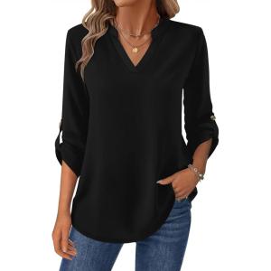 Zeagoo Womens Roll Up Long Sleeve Tops V Neck Shirts Dressy Casual Work Blouses S-2XL(Black)