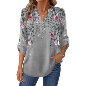 Zeagoo Womens Roll Up Long Sleeve Tops V Neck Shirts Dressy Casual Work Blouses S-2XL(Hf36)