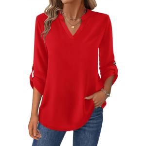 Zeagoo Womens Roll Up Long Sleeve Tops V Neck Shirts Dressy Casual Work Blouses S-2XL(Red)