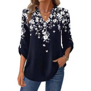 Zeagoo Womens Roll Up Long Sleeve Tops V Neck Shirts Dressy Casual Work Blouses S-2XL(Sf103)