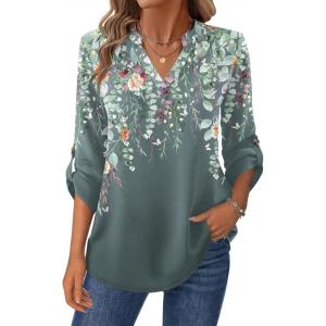 Zeagoo Womens Roll Up Long Sleeve Tops V Neck Shirts Dressy Casual Work Blouses S-2XL(Wf71)