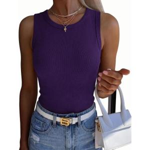 Zeagoo Womens Sleeveless Crewneck Ribbed Tank Tops Casual Basic Summer Top Slim Fitted Racerback Shirts(Dark Purple)