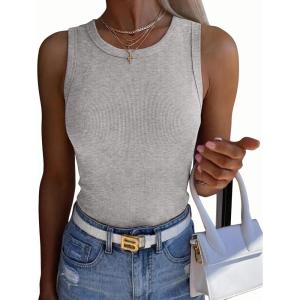 Zeagoo Womens Sleeveless Crewneck Ribbed Tank Tops Casual Basic Summer Top Slim Fitted Racerback Shirts(Light Grey)
