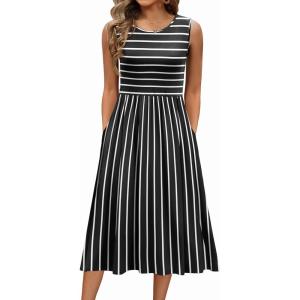 Zeagoo Women’s Summer Tank Midi Dress with Pockets Floral Sleeveless A-Line Casual Loose T-Shirt Dresses Beach Sundress 2026(Black+white Stripe)