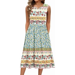 Zeagoo Women’s Summer Tank Midi Dress with Pockets Floral Sleeveless A-Line Casual Loose T-Shirt Dresses Beach Sundress 2026(Blue Yellow Ethnic Print)