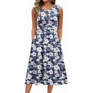Zeagoo Women’s Summer Tank Midi Dress with Pockets Floral Sleeveless A-Line Casual Loose T-Shirt Dresses Beach Sundress 2026(Navy White Floral)
