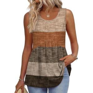 Zeagoo Womens Summer Tank Tops Sleeveless Babydoll Tops Loose Fit Tunic Blouses Crew Neck Flowy Shirts S-3XL(Brown Textured Colorblock)