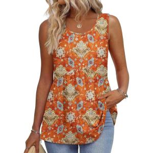Zeagoo Womens Summer Tank Tops Sleeveless Babydoll Tops Loose Fit Tunic Blouses Crew Neck Flowy Shirts S-3XL(Orange Ethnic Print)