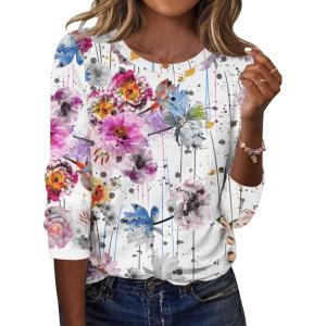 Zeagoo Womens Tops 2025 Long Sleeve Shirts for Fall Round Neck Blouses Floral Tunic Tops with Buttons Decor(Floral-50)