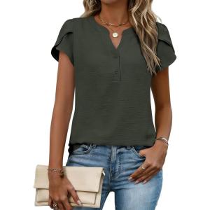Zeagoo Womens Tops Dressy Casual Textured Blouses Cap Short Sleeve Shirts V Neck Button Up Summer Spring Work Tshirt Clothes(Army Green)