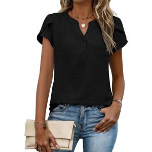 Zeagoo Womens Tops Dressy Casual Textured Blouses Cap Short Sleeve Shirts V Neck Button Up Summer Spring Work Tshirt Clothes(Black)