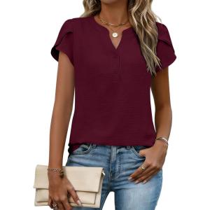 Zeagoo Womens Tops Dressy Casual Textured Blouses Cap Short Sleeve Shirts V Neck Button Up Summer Spring Work Tshirt Clothes(Dark Red)