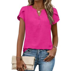 Zeagoo Womens Tops Dressy Casual Textured Blouses Cap Short Sleeve Shirts V Neck Button Up Summer Spring Work Tshirt Clothes(Hot Pink)