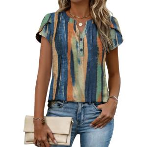 Zeagoo Womens Tops Dressy Casual Textured Blouses Cap Short Sleeve Shirts V Neck Button Up Summer Spring Work Tshirt Clothes(Multicolor 289)
