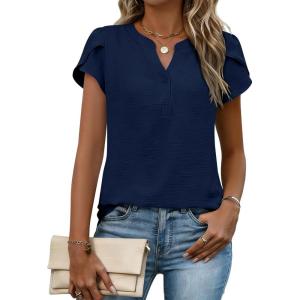 Zeagoo Womens Tops Dressy Casual Textured Blouses Cap Short Sleeve Shirts V Neck Button Up Summer Spring Work Tshirt Clothes(Navy Blue)