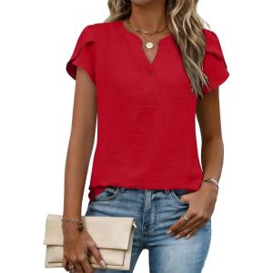 Zeagoo Womens Tops Dressy Casual Textured Blouses Cap Short Sleeve Shirts V Neck Button Up Summer Spring Work Tshirt Clothes(Red)