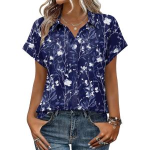 Zeagoo Womens Tops Short Sleeve Shirts Button Down Casual Blouses V Neck Outfits Summer Spring Clothes 2026(Floral Navy)