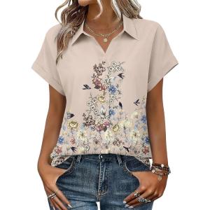 Zeagoo Womens Tops Short Sleeve Shirts Button Down Casual Blouses V Neck Outfits Summer Spring Clothes 2026(Flower Beige)