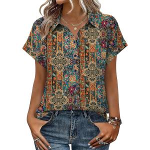 Zeagoo Womens Tops Short Sleeve Shirts Button Down Casual Blouses V Neck Outfits Summer Spring Clothes 2026(Multicolor721)