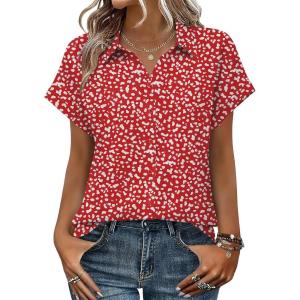 Zeagoo Womens Tops Short Sleeve Shirts Button Down Casual Blouses V Neck Outfits Summer Spring Clothes 2026(Polka Dot White)