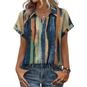 Zeagoo Womens Tops Short Sleeve Shirts Button Down Casual Blouses V Neck Outfits Summer Spring Clothes 2026(Stripe1)