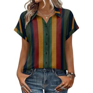 Zeagoo Womens Tops Short Sleeve Shirts Button Down Casual Blouses V Neck Outfits Summer Spring Clothes 2026(Stripe2)