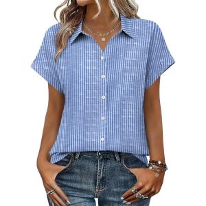 Zeagoo Womens Tops Short Sleeve Shirts Button Down Casual Blouses V Neck Outfits Summer Spring Clothes 2026(Stripe4)