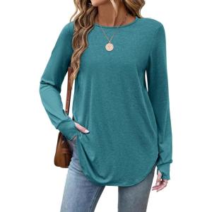 Zeagoo Womens Tunic Tops to Wear with Leggings Long Sleeve Crew Neck Thumb Hole Shirts Loose Tshirts Fall Clothes(Greyblue)