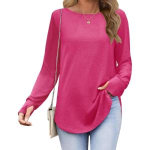 Zeagoo Womens Tunic Tops to Wear with Leggings Long Sleeve Crew Neck Thumb Hole Shirts Loose Tshirts Fall Clothes(Rose Red)