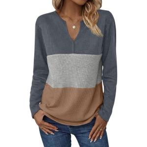 Zeagoo Women’s Waffle Shirts V Neck Long Sleeve Tops Color Block T-Shirts Casual Pullover Tunics 2025 Fashion Basic Tees(A-charcoal/Gray/Brown)