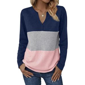 Zeagoo Women’s Waffle Shirts V Neck Long Sleeve Tops Color Block T-Shirts Casual Pullover Tunics 2025 Fashion Basic Tees(A-navy Blue/Gray/Pink)
