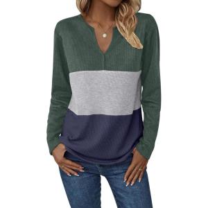 Zeagoo Women’s Waffle Shirts V Neck Long Sleeve Tops Color Block T-Shirts Casual Pullover Tunics 2025 Fashion Basic Tees(Army Green/Gray/Navy Blue)