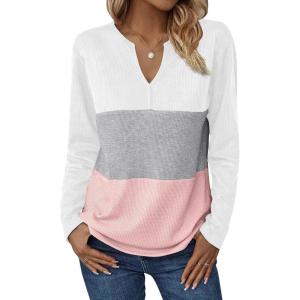 Zeagoo Women’s Waffle Shirts V Neck Long Sleeve Tops Color Block T-Shirts Casual Pullover Tunics 2025 Fashion Basic Tees(A-white/Gray/Pink)