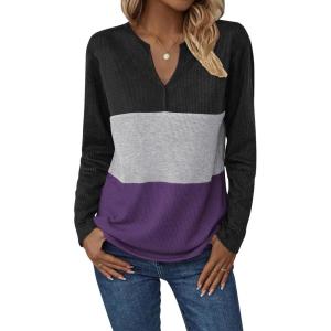 Zeagoo Women’s Waffle Shirts V Neck Long Sleeve Tops Color Block T-Shirts Casual Pullover Tunics 2025 Fashion Basic Tees(Black/Gray/Purple)