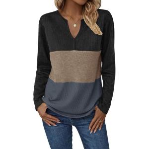 Zeagoo Women’s Waffle Shirts V Neck Long Sleeve Tops Color Block T-Shirts Casual Pullover Tunics 2025 Fashion Basic Tees(Black/Khaki/Deep Gray)