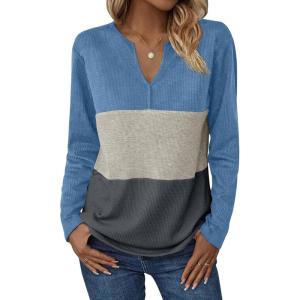 Zeagoo Women’s Waffle Shirts V Neck Long Sleeve Tops Color Block T-Shirts Casual Pullover Tunics 2025 Fashion Basic Tees(Blue/Beige/Charcoal)
