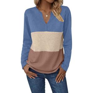 Zeagoo Women’s Waffle Shirts V Neck Long Sleeve Tops Color Block T-Shirts Casual Pullover Tunics 2025 Fashion Basic Tees(Blue/Light Brown/Brown)